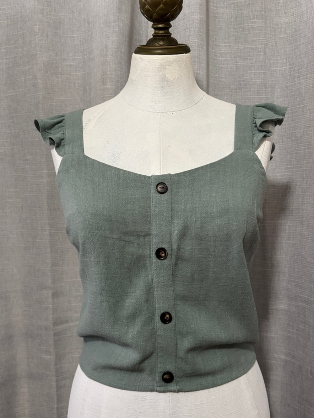 Monteau Crop Top-Rayon/Linen-Sz M-Smocked Back-Ruffle Strap Detail-Faux Button